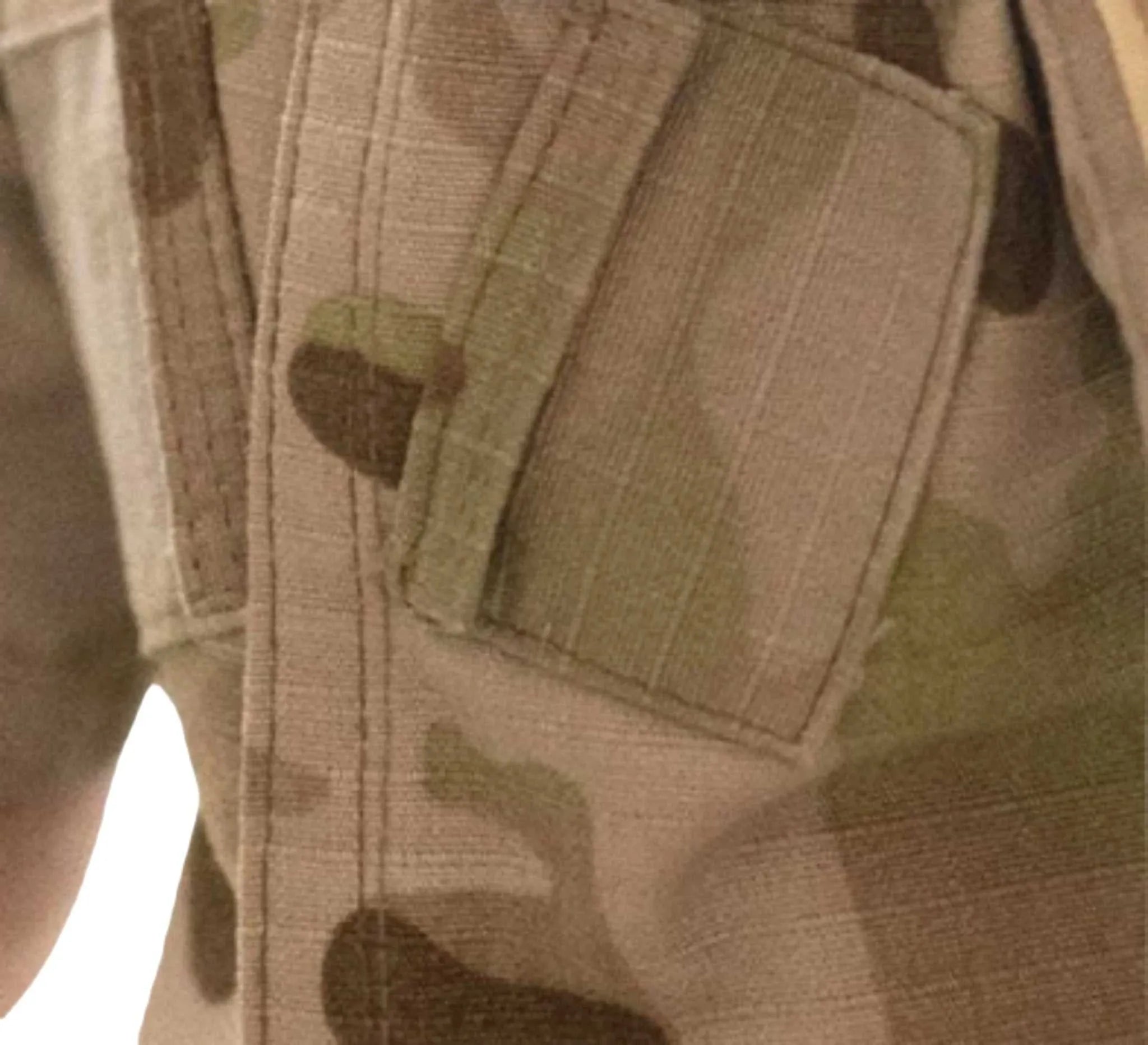 Military-style uniform fabric detail with camouflage pattern.