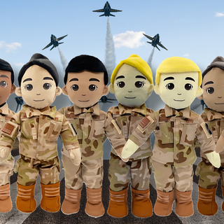 Air Force Daddy Doll Customizable standing together in different doll hair colors and skin tones'
