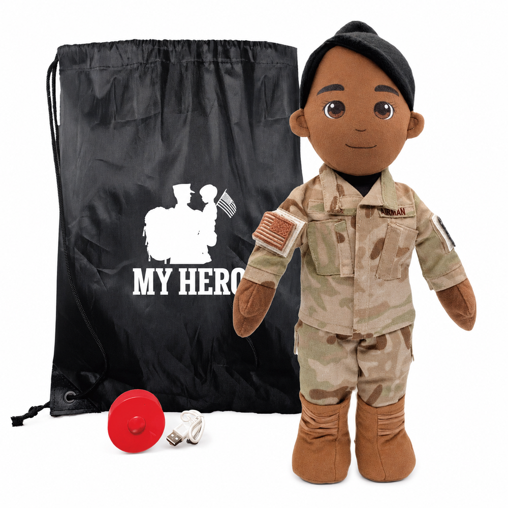 Air Force plush doll wearing a desert camouflage uniform and black beret stands next to a black drawstring bag with a white 'MY HERO' graphic, with a red weight and white cord accessory on a white background.