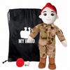 Air Force Push Doll dressed in a tan camouflage military uniform with a red beret, standing next to a black drawstring bag with a white 'MY HERO' logo, on a white background.