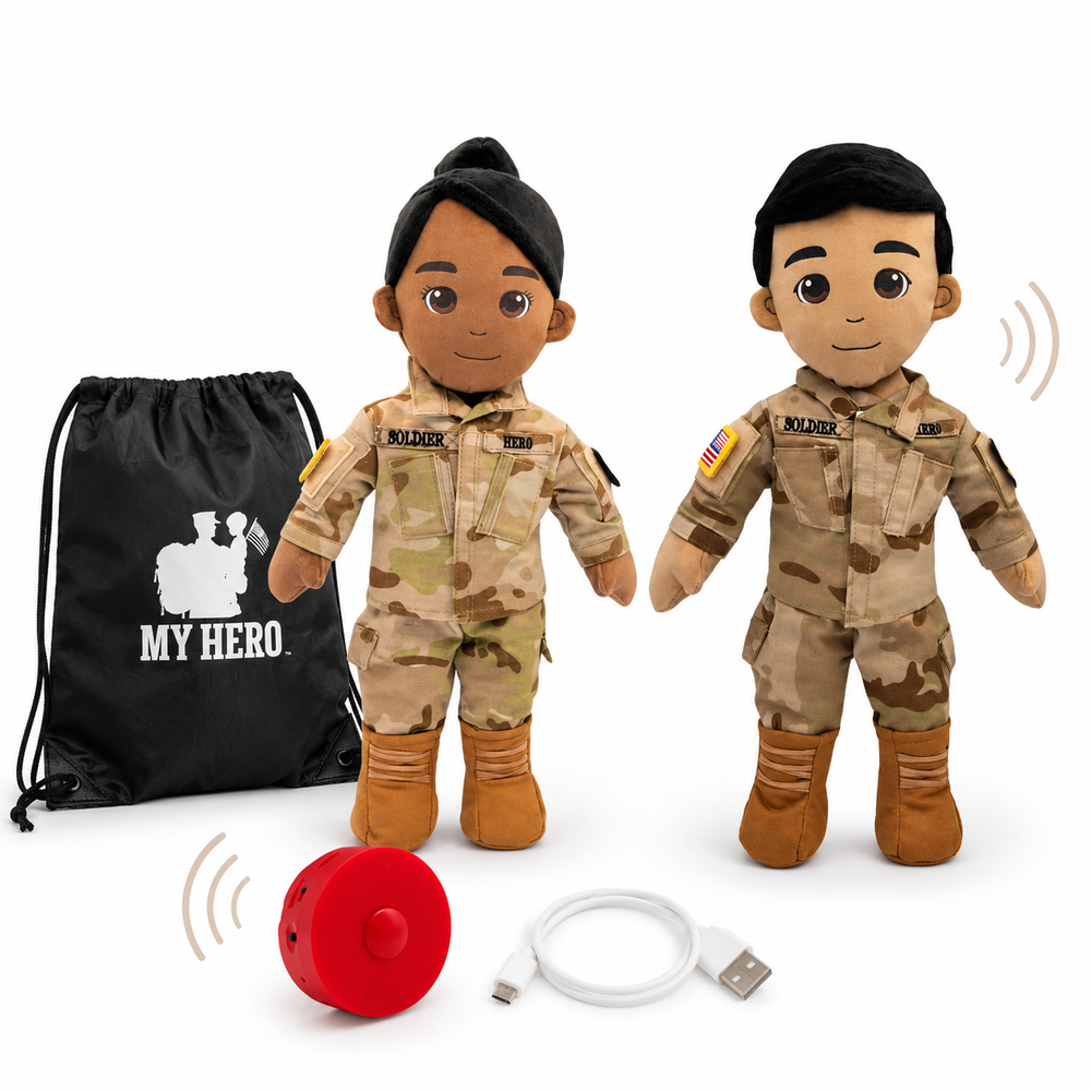 Army daddy doll and soldier daddy dolls with recordable voice box, charger and My Hero backpack for military families
