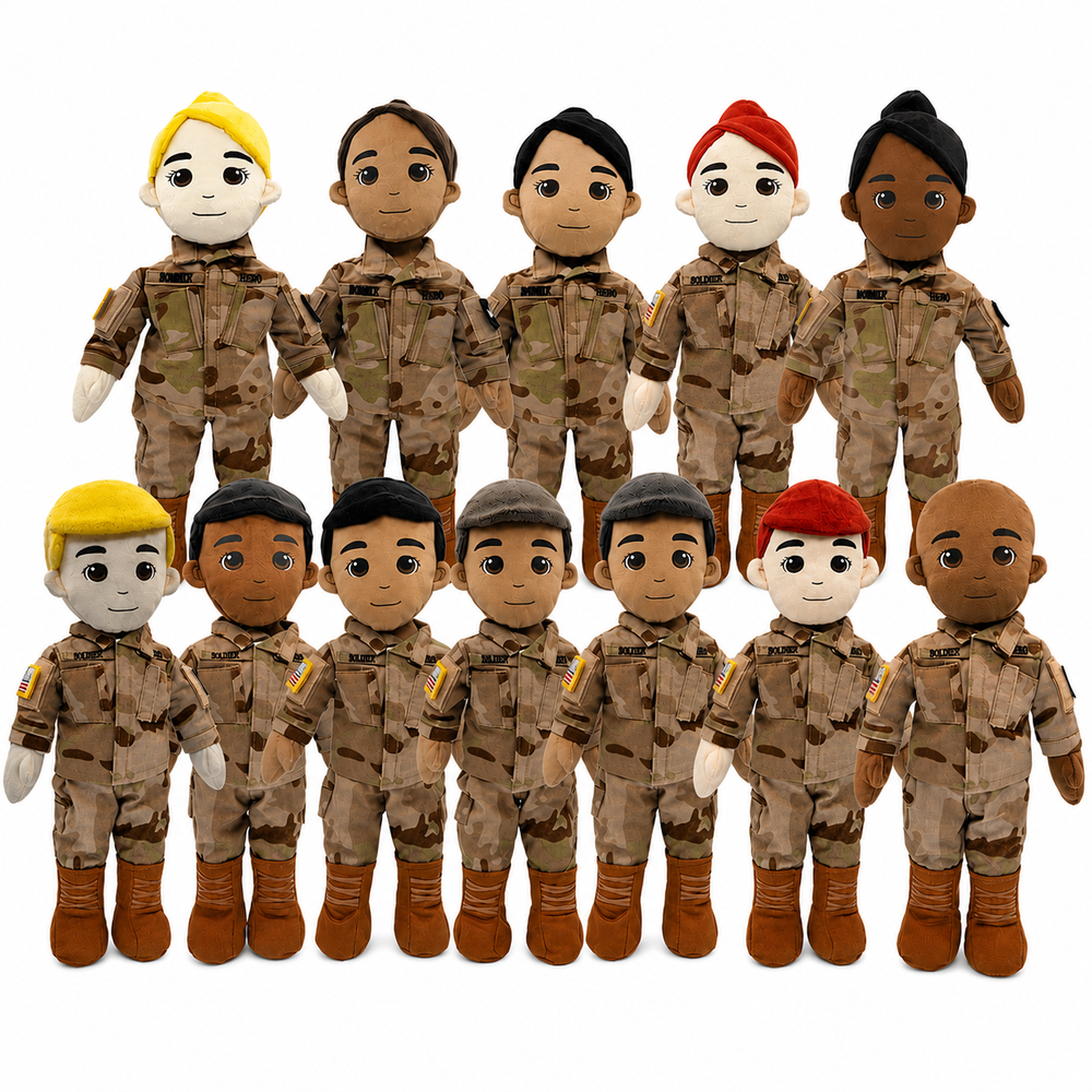 Twelve military-themed plush dolls arranged in two rows against a plain white background. The dolls feature diverse skin tones, hair colors, and desert camouflage uniforms with brown boots.
