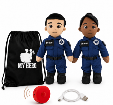 EMT Paramedic Doll in blue uniforms shown with a black drawstring bag, a red bell, and a white USB charging cable on a white background. The bag has 'MY HERO' printed in white.