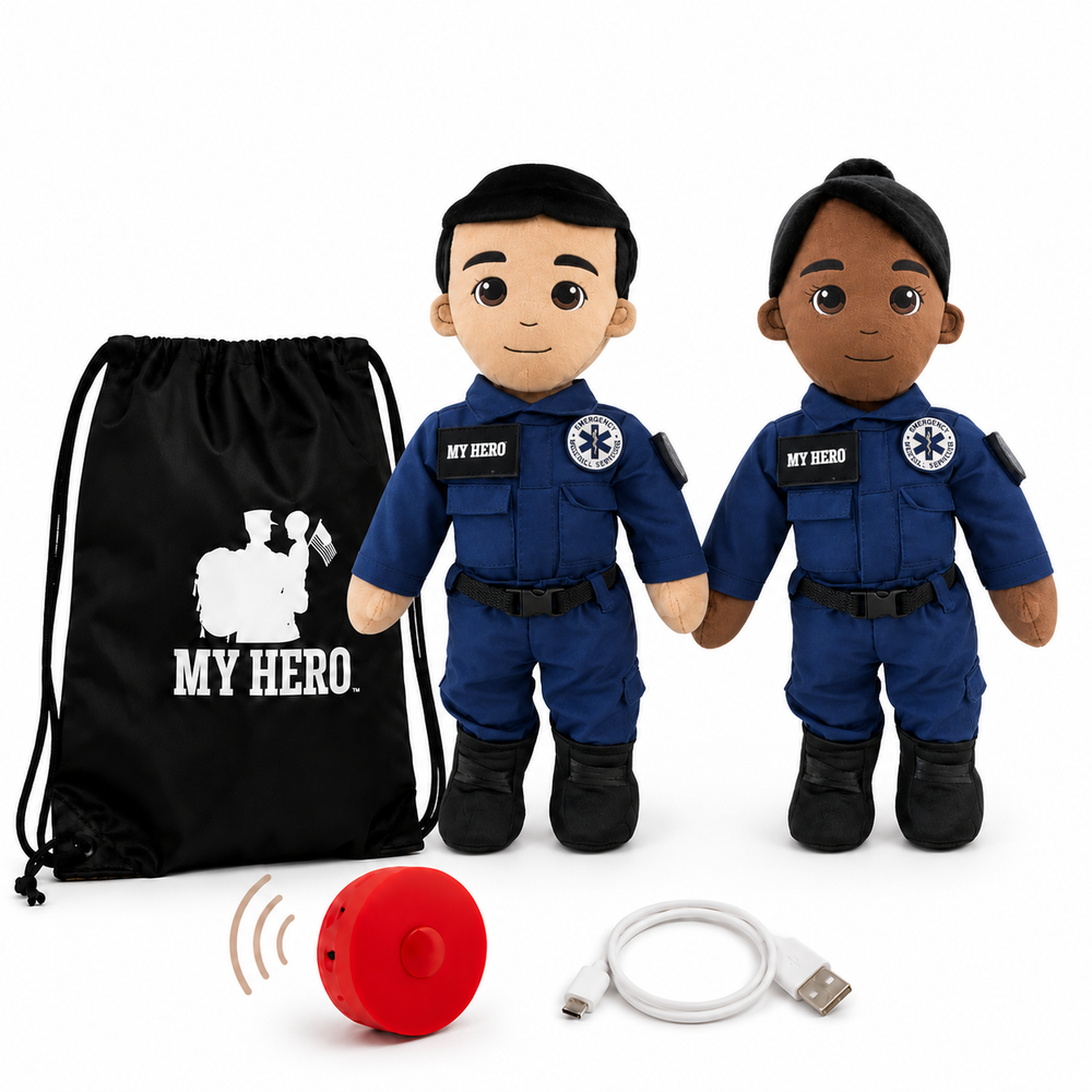 EMT Paramedic Doll in blue uniforms shown with a black drawstring bag, a red bell, and a white USB charging cable on a white background. The bag has 'MY HERO' printed in white.