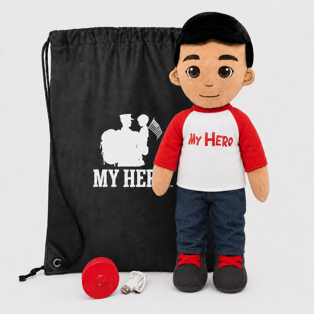 A plush doll with a 'My Hero' theme stands next to a black drawstring bag with a white graphic and text, with a red cap and a small white accessory on a light gray background.