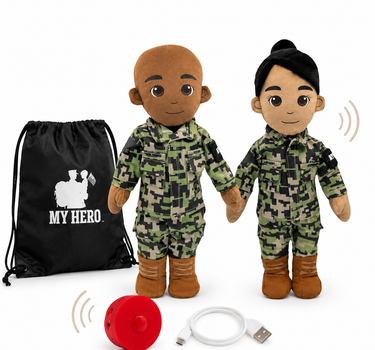 Daddy Doll and Mommy Doll in Navy uniforms with recordable voice box and My Hero carrying backpack