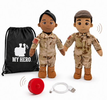 Air Force Daddy Doll in OCP uniform with recordable voice box, military doll design, and Airman doll details plush dolls in desert camouflage uniforms, shown with a black drawstring bag printed with 'MY HERO.' and a red remote control, on a white background.
