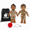 Air Force Daddy Doll in OCP uniform with recordable voice box, military doll design, and Airman doll details plush dolls in desert camouflage uniforms, shown with a black drawstring bag printed with 'MY HERO.' and a red remote control, on a white background.
