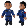 Two plush EMT Plush Dolls dressed in blue emergency responder uniforms, shown side by side against a plain white background. One faces forward and the other faces slightly to the side, both with dark hair, brown skin, and black boots.
