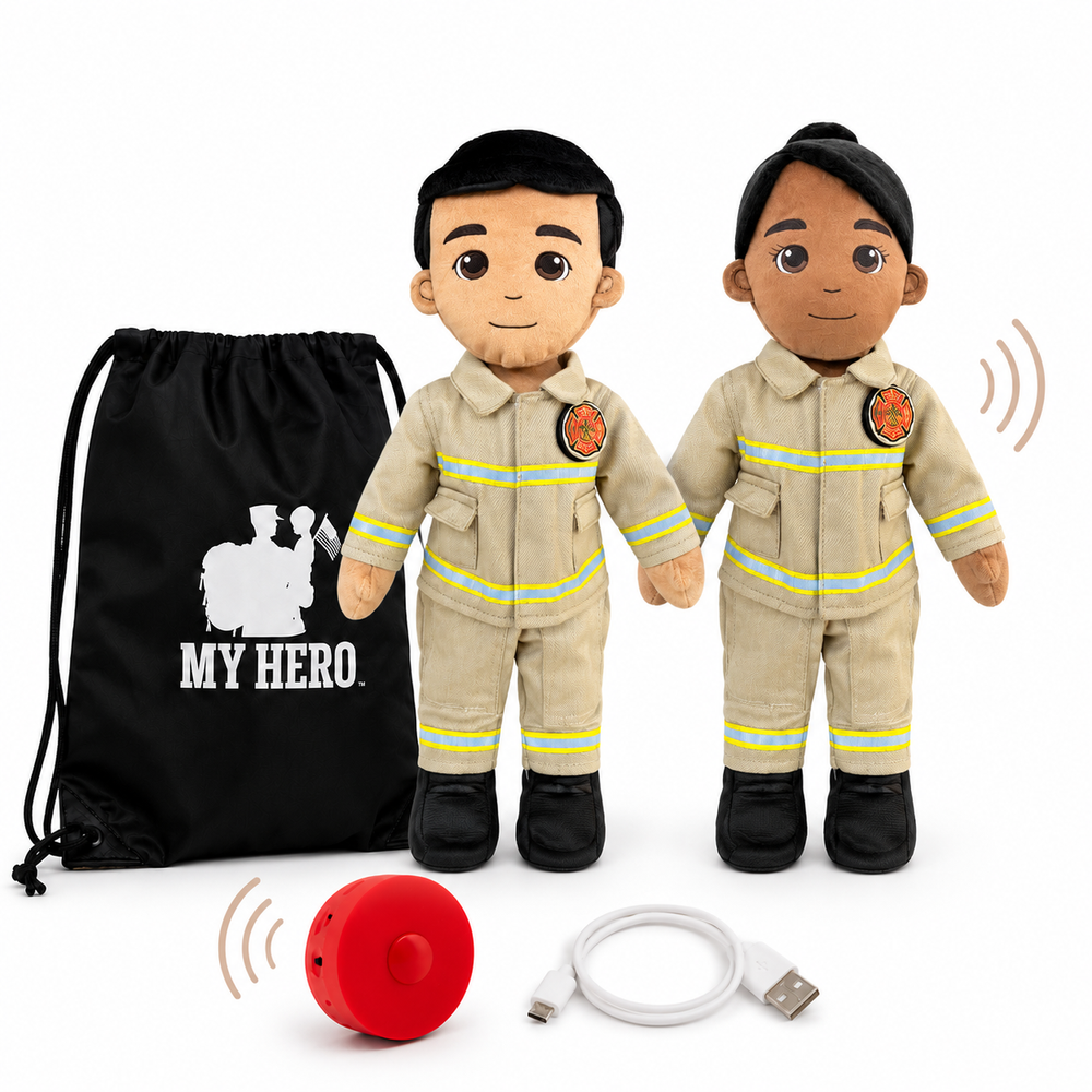 Firefighter plush doll with recordable voice box for kids and first responder families