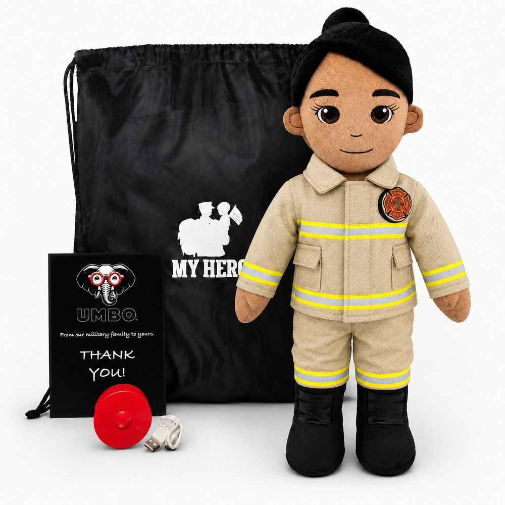 A custom plush toy firefighter doll standing next to a black drawstring bag, a black thank you card, and a small red fire hydrant accessory on a white background.