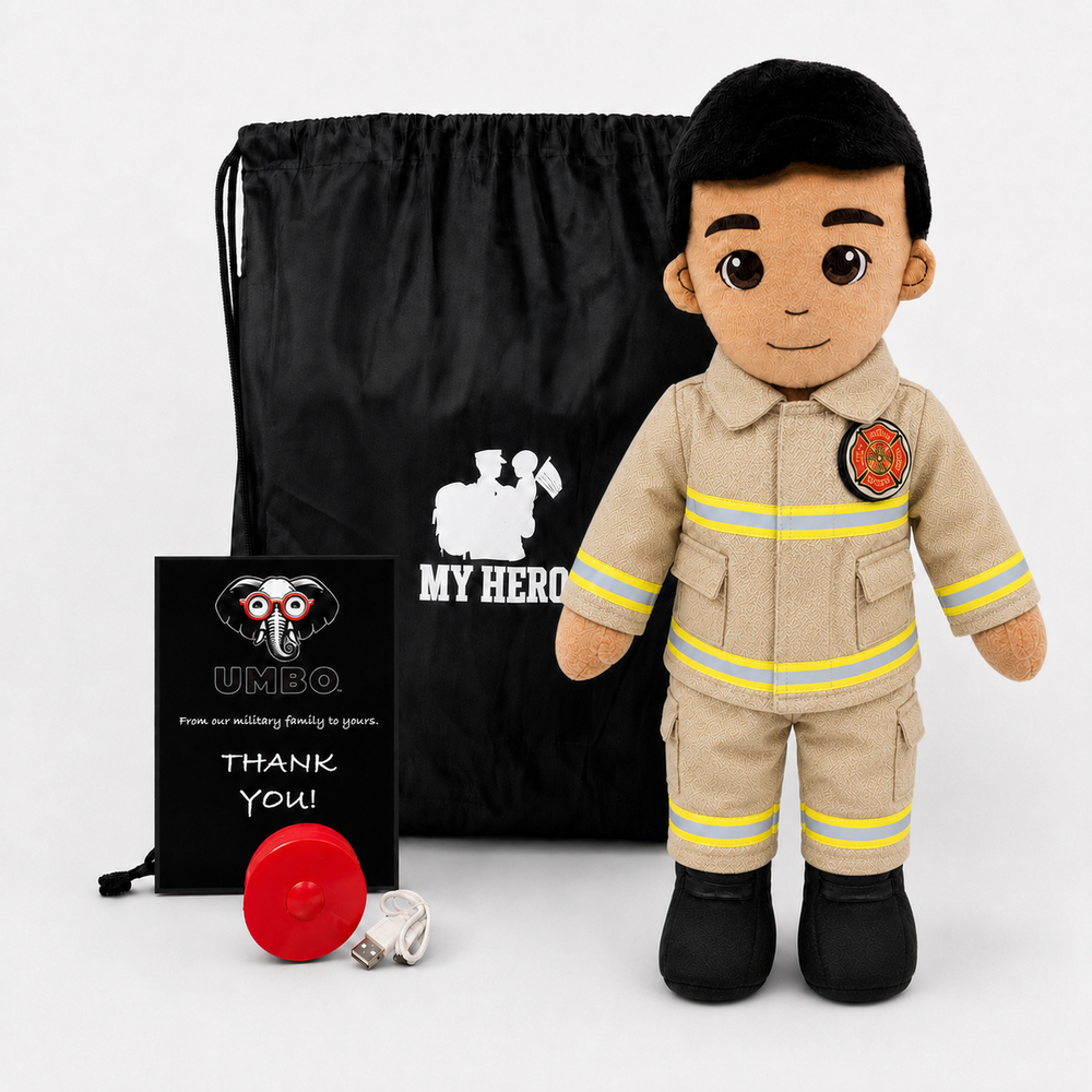 Firefighter stuffed animal in turn out gear with black hair tan skin 