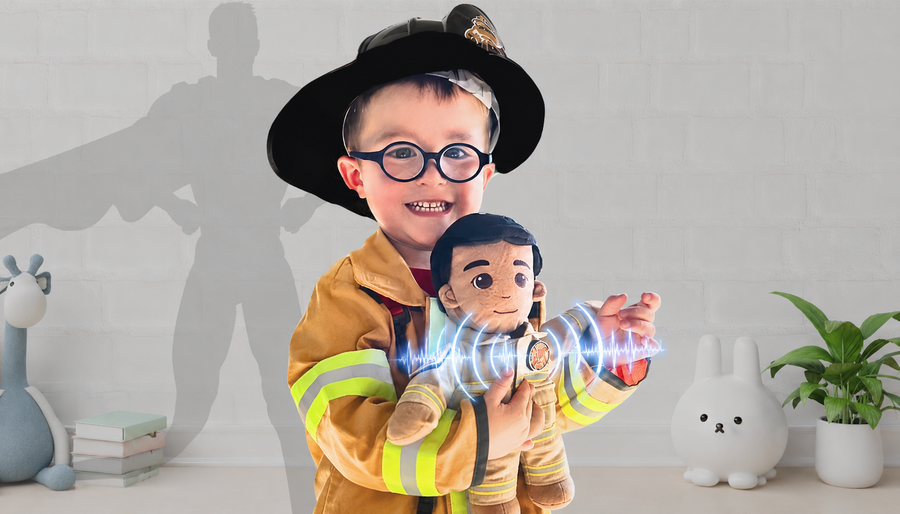 Daddy Doll firefighter doll customizable doll military dolls image showing a smiling child in a firefighter costume holding a soft recordable firefighter Daddy Doll with glowing audio wave lines coming from the doll’s chest, highlighting the voice recording feature, hero inspired design, plush keepsake style, and comforting gift for children who love brave everyday heroes.