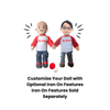 Two customizable plush dolls holding hands, wearing red and white shirts with 'My Hero' printed on the chest, blue pants, and shoes. A small red ball and a metal iron are placed below them on a white background, with text below reading 'Customize Your Doll with Optional Iron On Features Iron On Features Sold Separately'.