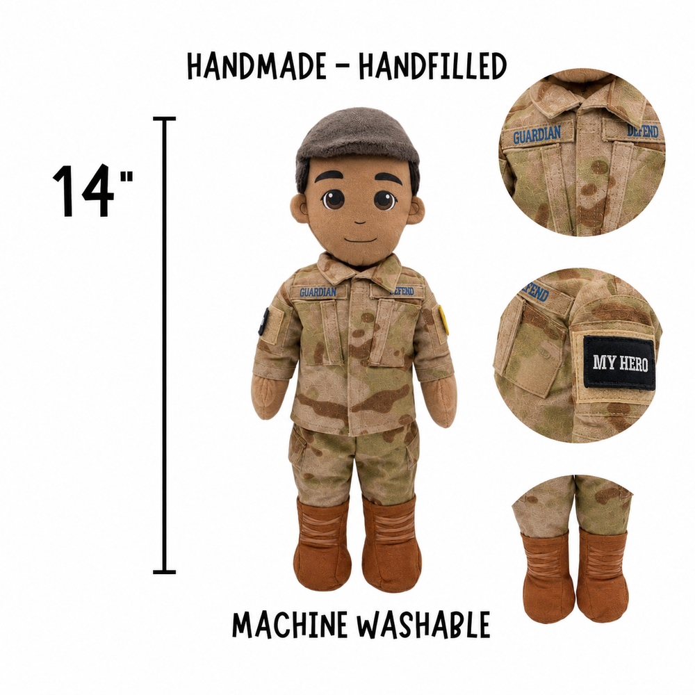 A hand-made soldier plush toy shown on a white background with text indicating 14 inches height, plus three circular detail insets showing the uniform, cap, and boot area. The text also says handmade, hand-filled and machine washable.