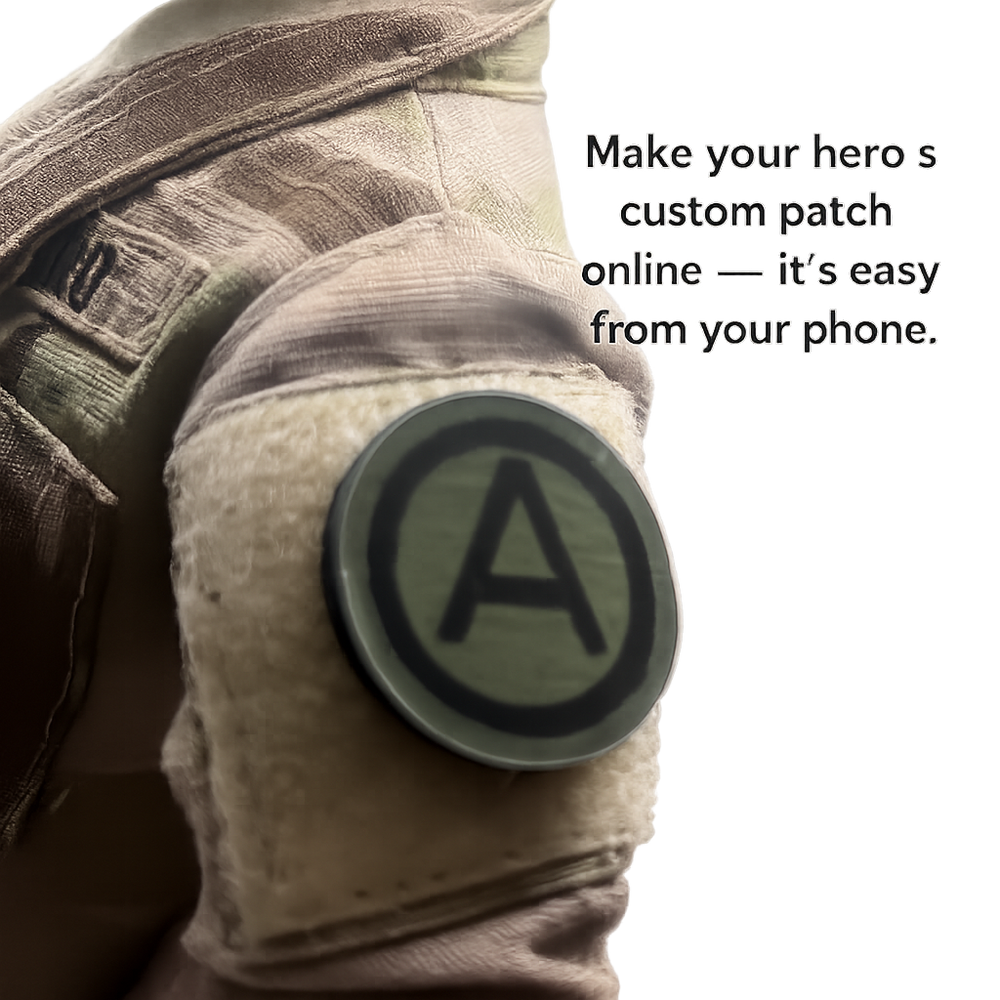 Army Airborne patch mounted on a soldier's sleeve, featuring a black circular design with a bold black letter 'A' on an olive drab background. The image includes a text overlay on the right reading 'Make your hero s custom patch online — it's easy from your phone.