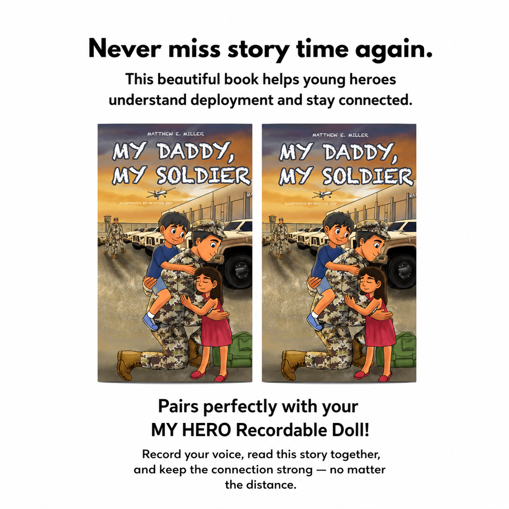 Army children's book 'My Daddy, My Soldier' by Matthew E. Killeen, showing two side-by-side book covers with illustrated soldiers and a child, plus text about pairing it with a MY HERO Recordable Doll.