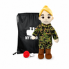 Marine Doll Fair Skin Blonde Hair Female Doll standing next to a black drawstring My Hero Backpack with white My Hero Logo and a small red Recorder on a white background.