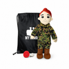 Marine Doll Fair Skin Red Hair Female Doll standing next to a black drawstring My Hero Backpack with white My Hero Logo and a small red Recorder on a white background.