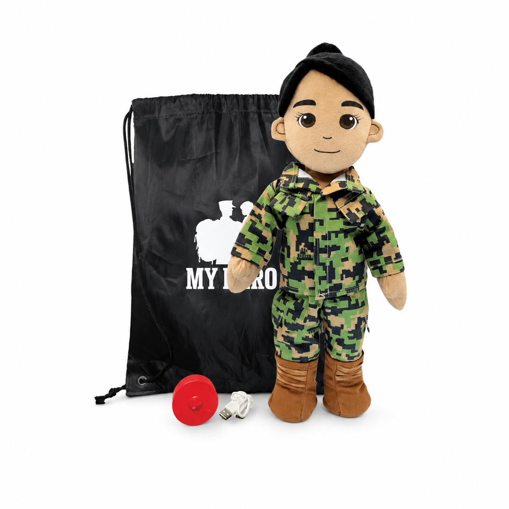 Marine Doll Tan Skin Black Hair Female Doll standing next to a black drawstring My Hero Backpack with white My Hero Logo and a small red Recorder on a white background.