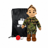 Marine Doll Tan Skin Brown Hair Female Doll standing next to a black drawstring My Hero Backpack with white My Hero Logo and a small red Recorder on a white background.