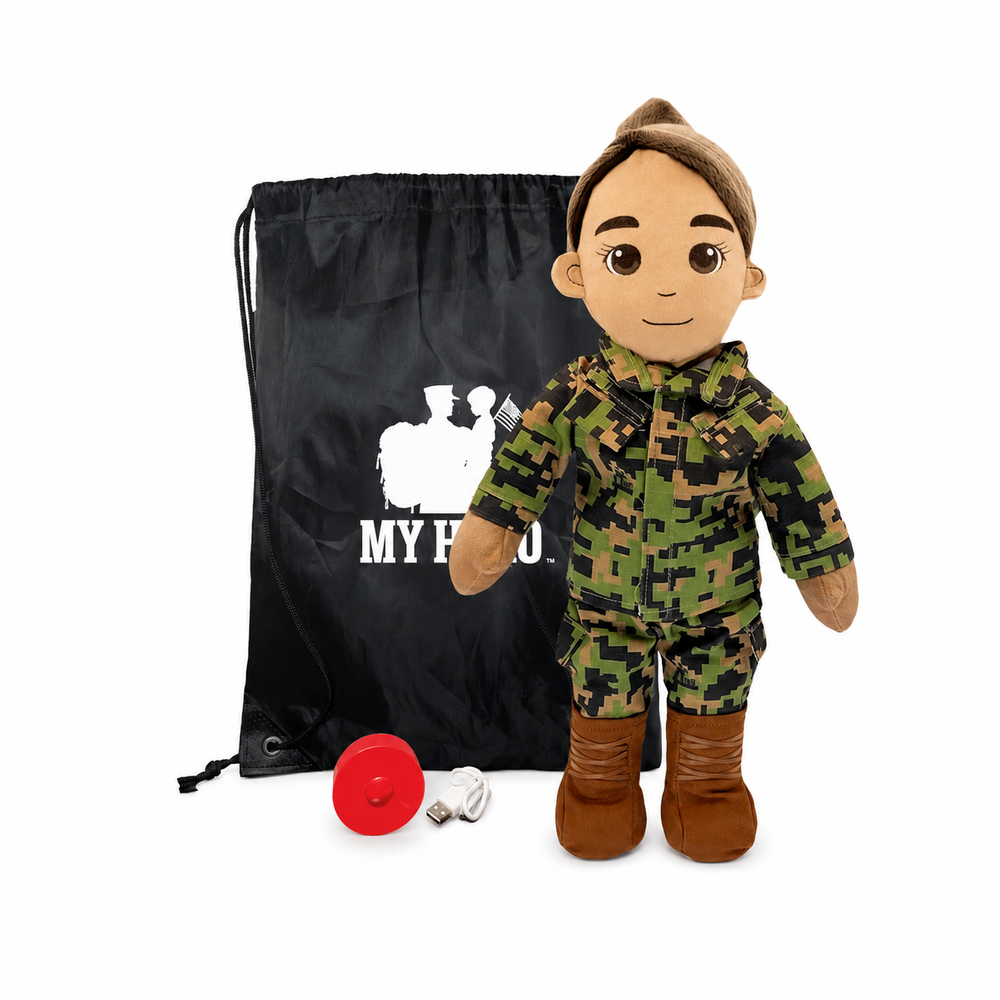 Marine Doll Tan Skin Brown Hair Female Doll standing next to a black drawstring My Hero Backpack with white My Hero Logo and a small red Recorder on a white background.