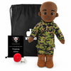 Marine Doll Dark Skin Bald Male Doll standing next to a black drawstring My Hero Backpack with white My Hero Logo and a small red Recorder on a white background.