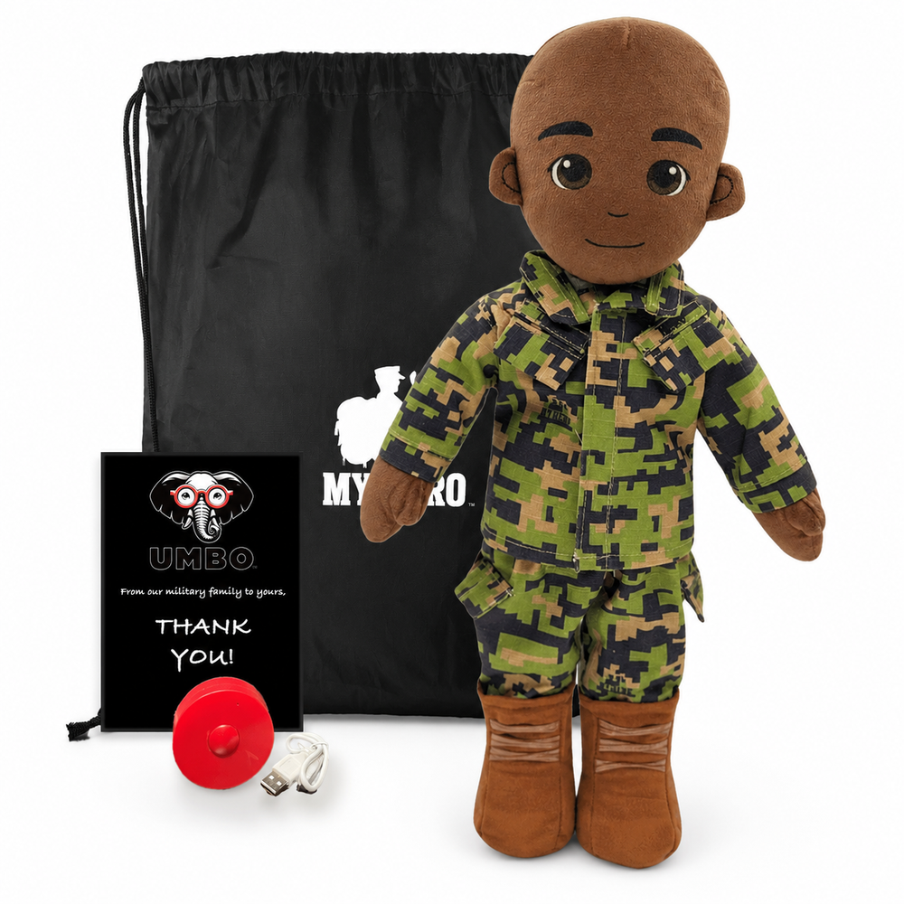 Marine Doll Dark Skin Bald Male Doll standing next to a black drawstring My Hero Backpack with white My Hero Logo and a small red Recorder on a white background.