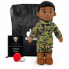 Marine Doll Dark Skin Black Hair Male Doll standing next to a black drawstring My Hero Backpack with white My Hero Logo and a small red Recorder on a white background.