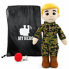 Marine Doll Fair Skin Blonde Hair Male Doll standing next to a black drawstring My Hero Backpack with white My Hero Logo and a small red Recorder on a white background.