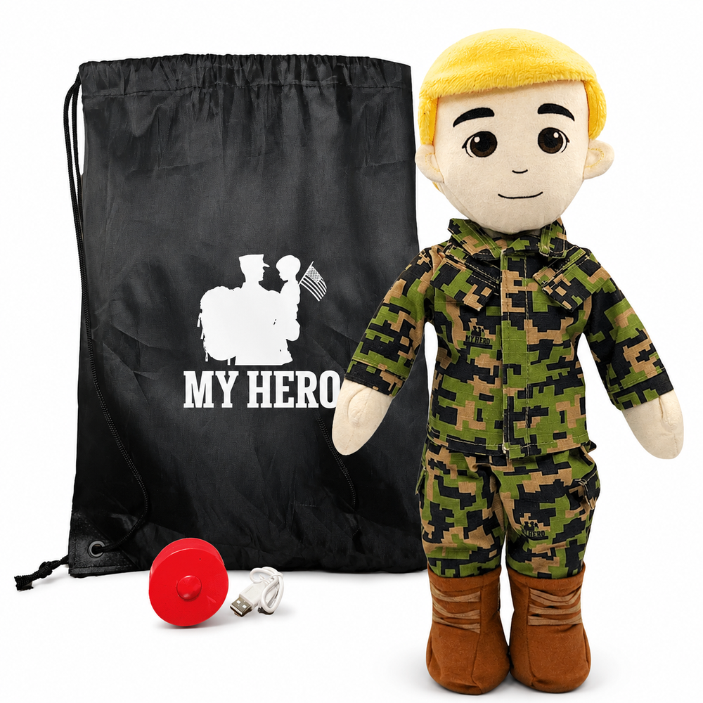 Marine Doll Fair Skin Blonde Hair Male Doll standing next to a black drawstring My Hero Backpack with white My Hero Logo and a small red Recorder on a white background.