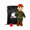 Marine Doll Fair Skin Red Hair Male Doll standing next to a black drawstring My Hero Backpack with white My Hero Logo and a small red Recorder on a white background.