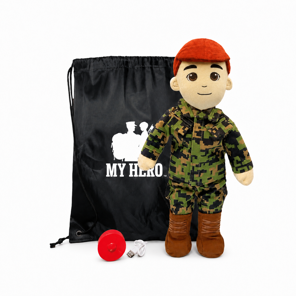 Marine Doll Fair Skin Red Hair Male Doll standing next to a black drawstring My Hero Backpack with white My Hero Logo and a small red Recorder on a white background.