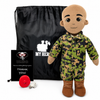 Marine Doll Tan Skin Bald Male Doll standing next to a black drawstring My Hero Backpack with white My Hero Logo and a small red Recorder on a white background.
