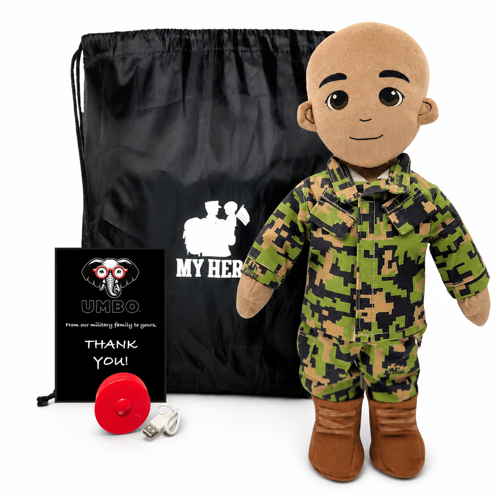 Marine Doll Tan Skin Bald Male Doll standing next to a black drawstring My Hero Backpack with white My Hero Logo and a small red Recorder on a white background.