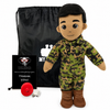 Marine Doll Tan Skin Black Hair Male Doll standing next to a black drawstring My Hero Backpack with white My Hero Logo and a small red Recorder on a white background.