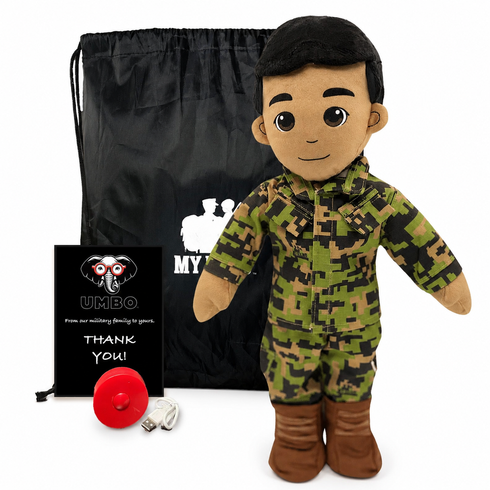 Marine Doll Tan Skin Black Hair Male Doll standing next to a black drawstring My Hero Backpack with white My Hero Logo and a small red Recorder on a white background.