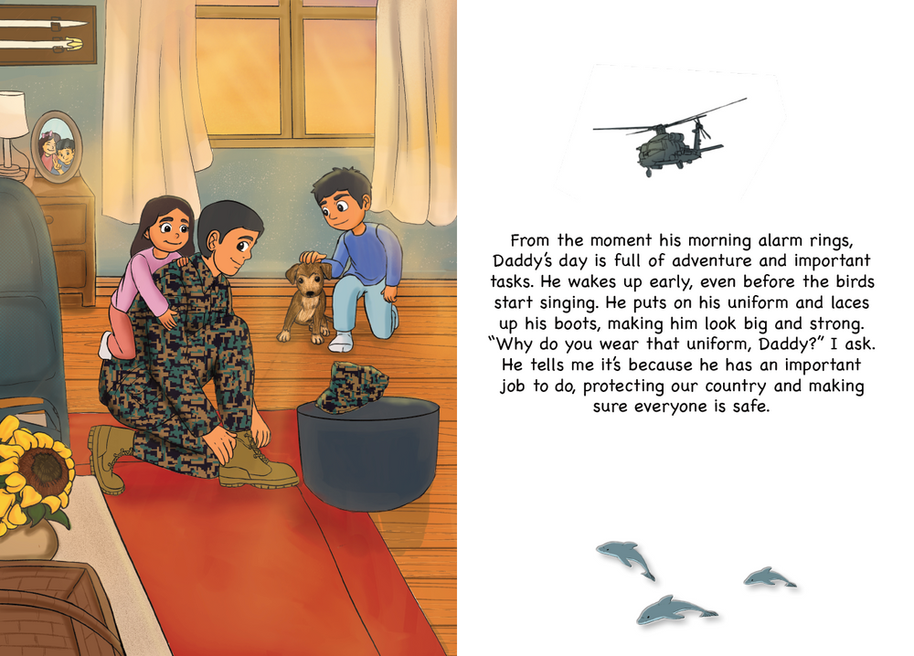 Marine Corps Daddy tying his shoe with his two children and a dog. The feature is from a children's book and features a USMC Helicopter flying over the text.