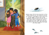 A children's book or storybook page with an illustrated left panel showing a mother Marine in uniform hugging two children on a red rug, and a right panel with printed text and small blue fish illustrations at the bottom.