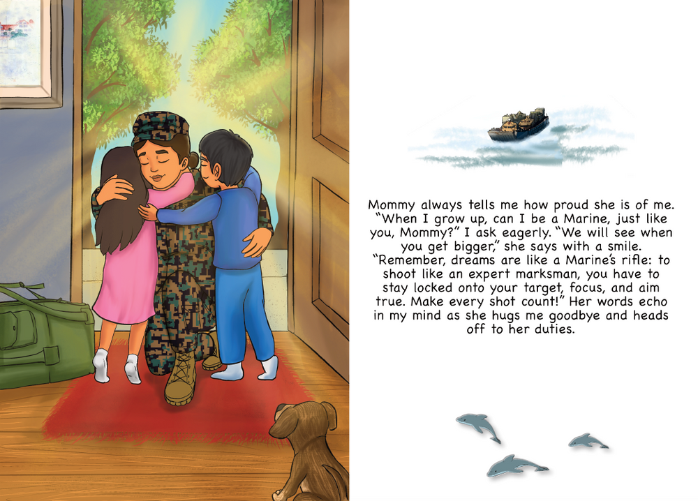 A children's book or storybook page with an illustrated left panel showing a mother Marine in uniform hugging two children on a red rug, and a right panel with printed text and small blue fish illustrations at the bottom.