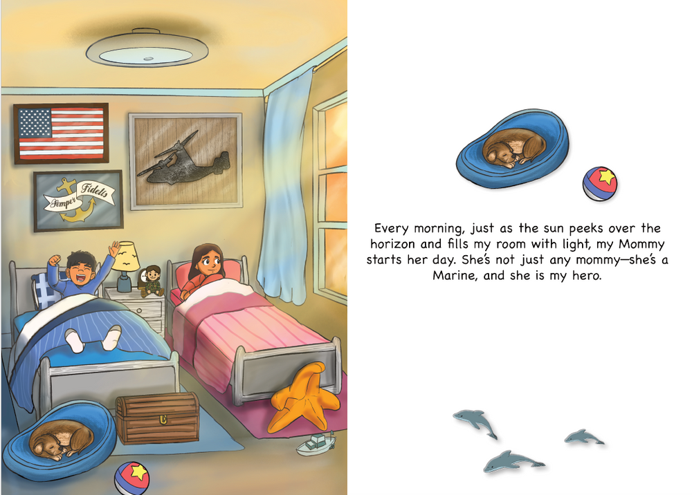 A children's book or illustrated story page showing a bedroom scene with two children in bed, framed posters, and a blue pet bed with a sleeping dog. The right side includes a small inset illustration of the dog in a blue pet bed and a ball, plus a block of text about the dog's morning routine.
