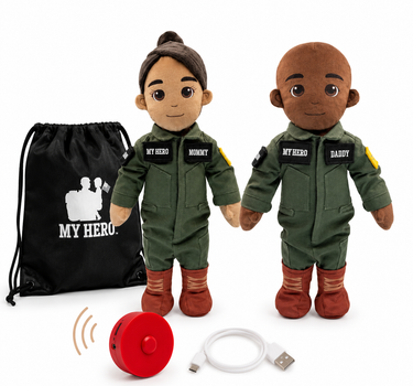 Fighter pilot doll and daddy doll in flight suits with recordable voice box, My Hero bag and USB charger for military families