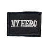 My Hero logo replacement patch in black with white font, hook backing accessory for compatible My Hero Doll uniforms and doll clothing.