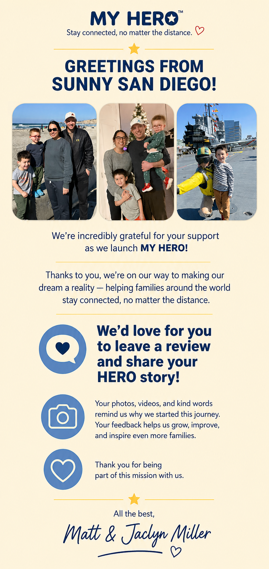Promotional graphic for Matt & Jaclyn Miller with family photos and text on a colorful background
