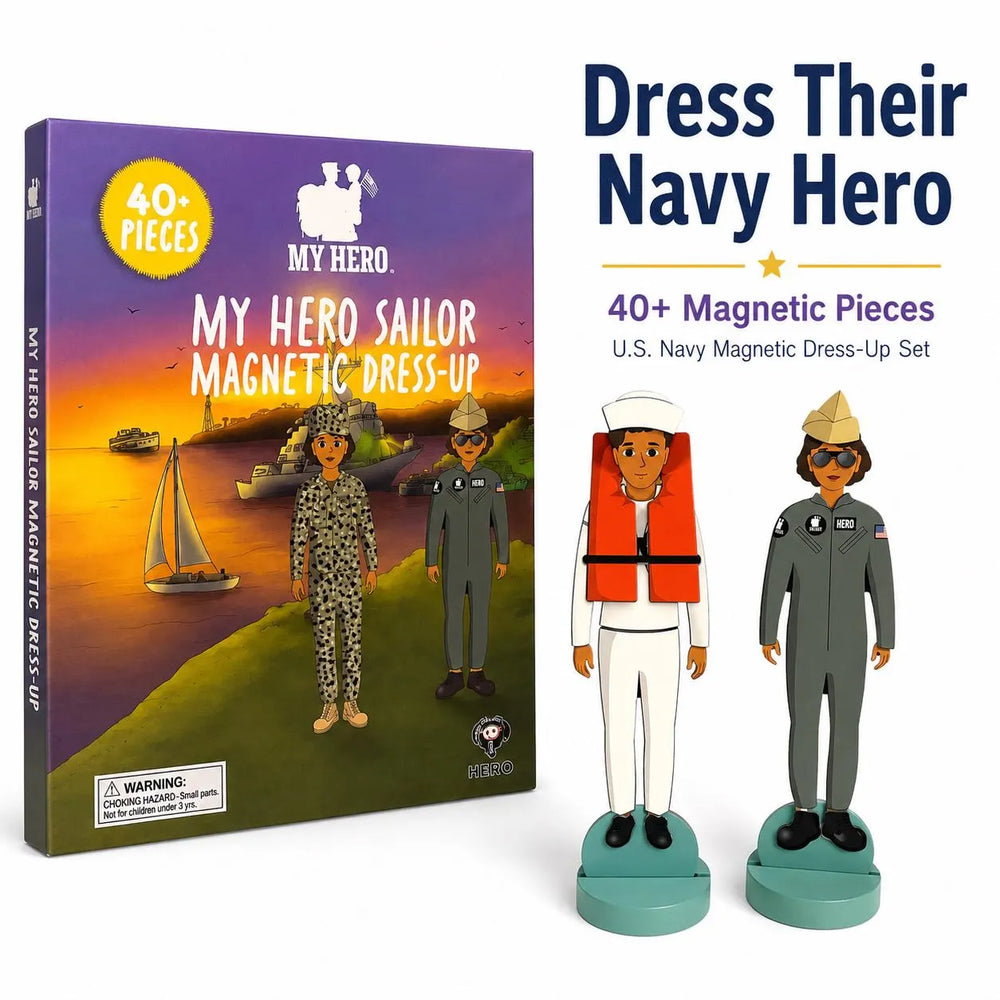 My Hero Sailor Magnetic Dress Up U.S. Navy kids toy with 40 plus magnetic pieces, sailor characters, uniforms, ship background, and portable storage box