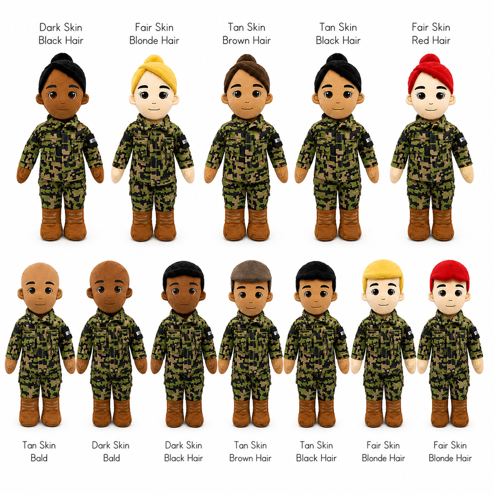 Navy Daddy Doll Plush figures arranged in two rows on a white background, each wearing a green camouflage military-style uniform and brown boots. The dolls vary in skin tone, hair color, and hair style, with labels above and below indicating combinations such as Dark Skin Black Hair, Fair Skin Blonde Hair, Tan Skin Brown Hair, and Fair Skin Red Hair.