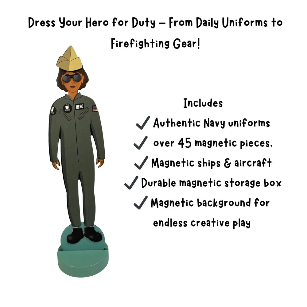 My Hero Sailor Magnetic Dress Up includes Navy inspired uniforms, over 40 magnetic pieces, ship background, aircraft, boats, and durable storage box