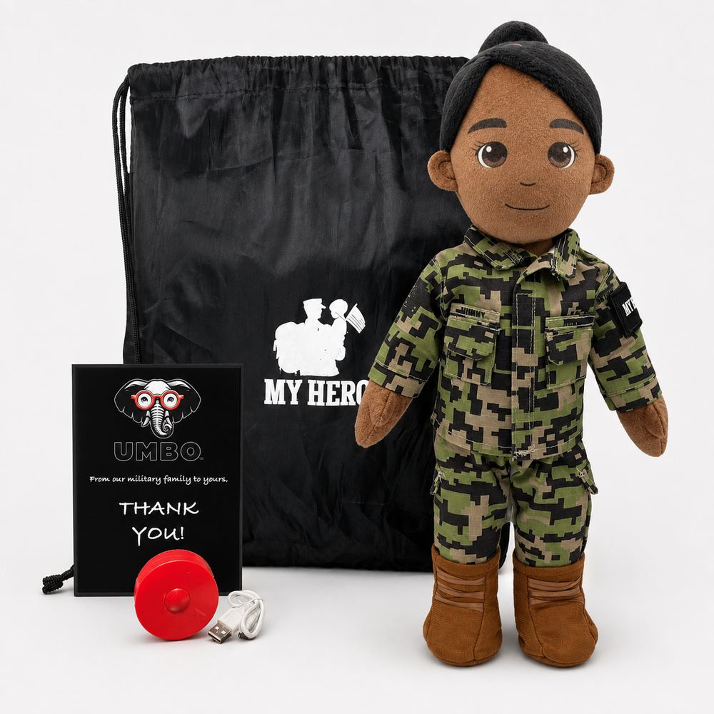 Daddy Doll, Military Doll, Navy Doll [Dark Skin Black Hair Female] Recorder with Charging Cable, recordable Navy sailor plush doll with My Hero bag