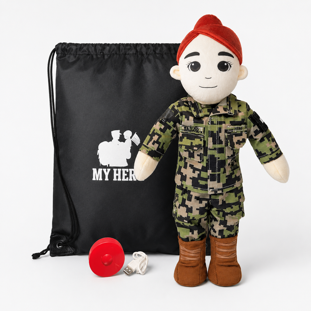 Daddy Doll, Military Doll, Navy Doll [Fair Skin Red Hair Female] Recorder with Charging Cable, personalized deployment comfort doll with camouflage uniform