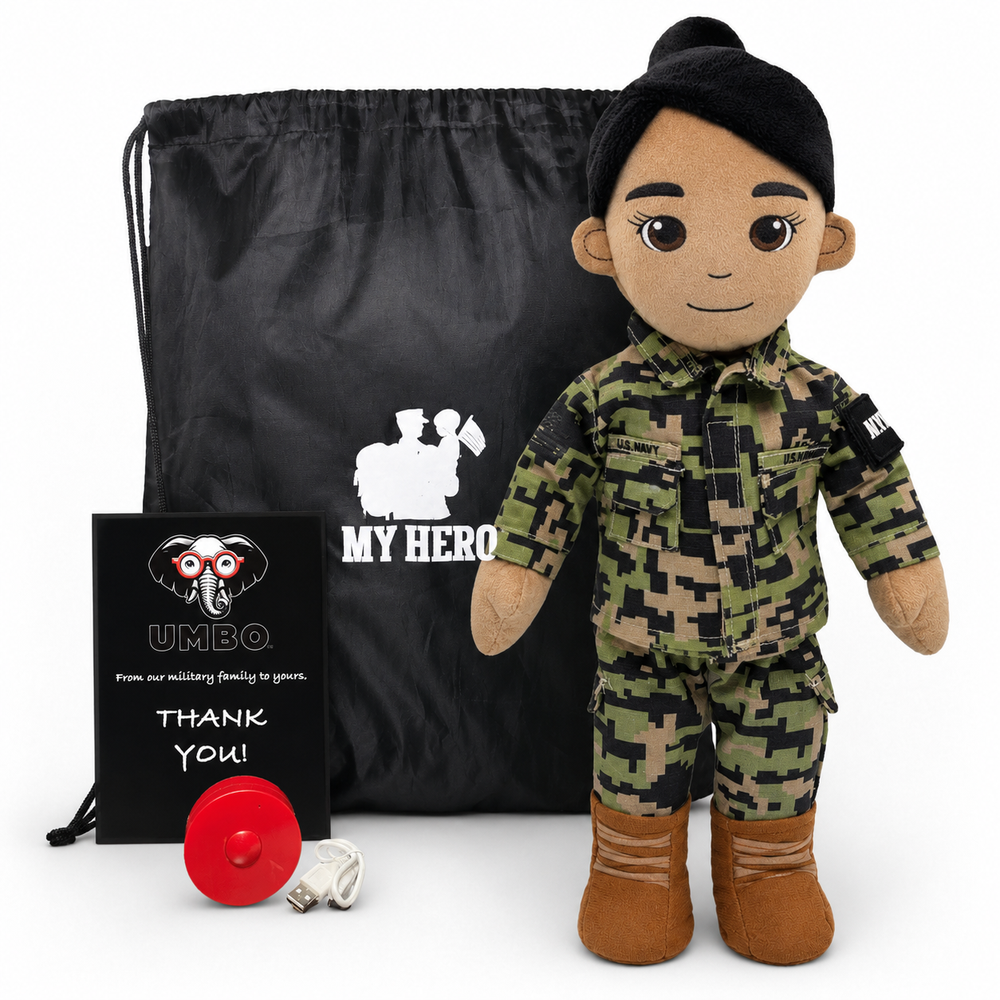 Daddy Doll, Military Doll, Navy Doll [Tan Skin Black Hair Female] Recorder with Charging Cable, recordable sailor doll for children missing a parent